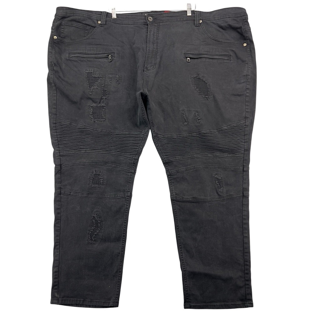 Makobi Men's Black Distressed Moto Jeans Zip Pocket Stretch Denim Pants 58x32